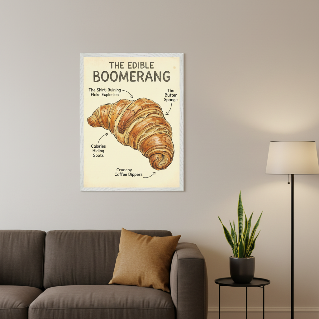 Modern living room with a dark gray sofa. A framed, whimsical illustration of a croissant labeled "THE EDIBLE BOOMERANG" hangs on a light gray wall above the sofa. A floor lamp and potted plant are to the right.