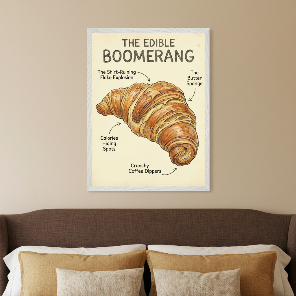 Bedroom with a dark brown upholstered bed headboard. A framed print of a humorous croissant diagram, titled 'THE EDIBLE BOOMERANG' with labeled parts, hangs on a beige wall above the bed.