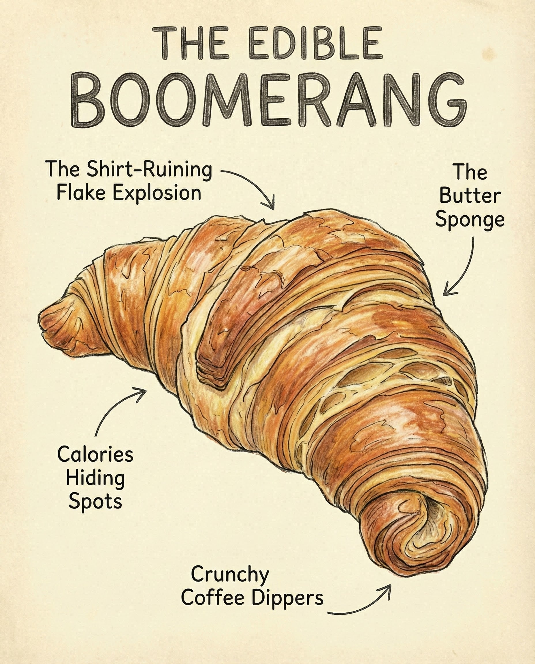 A fun and detailed illustration of a croissant, whimsically labeled with quirky names like "The Shirt-Ruining Flake Explosion" and "Calories Hiding Spots." This playful depiction of the delicious pastry will delight food lovers, particularly those who enjoy a lighthearted look at their favorite treats.
