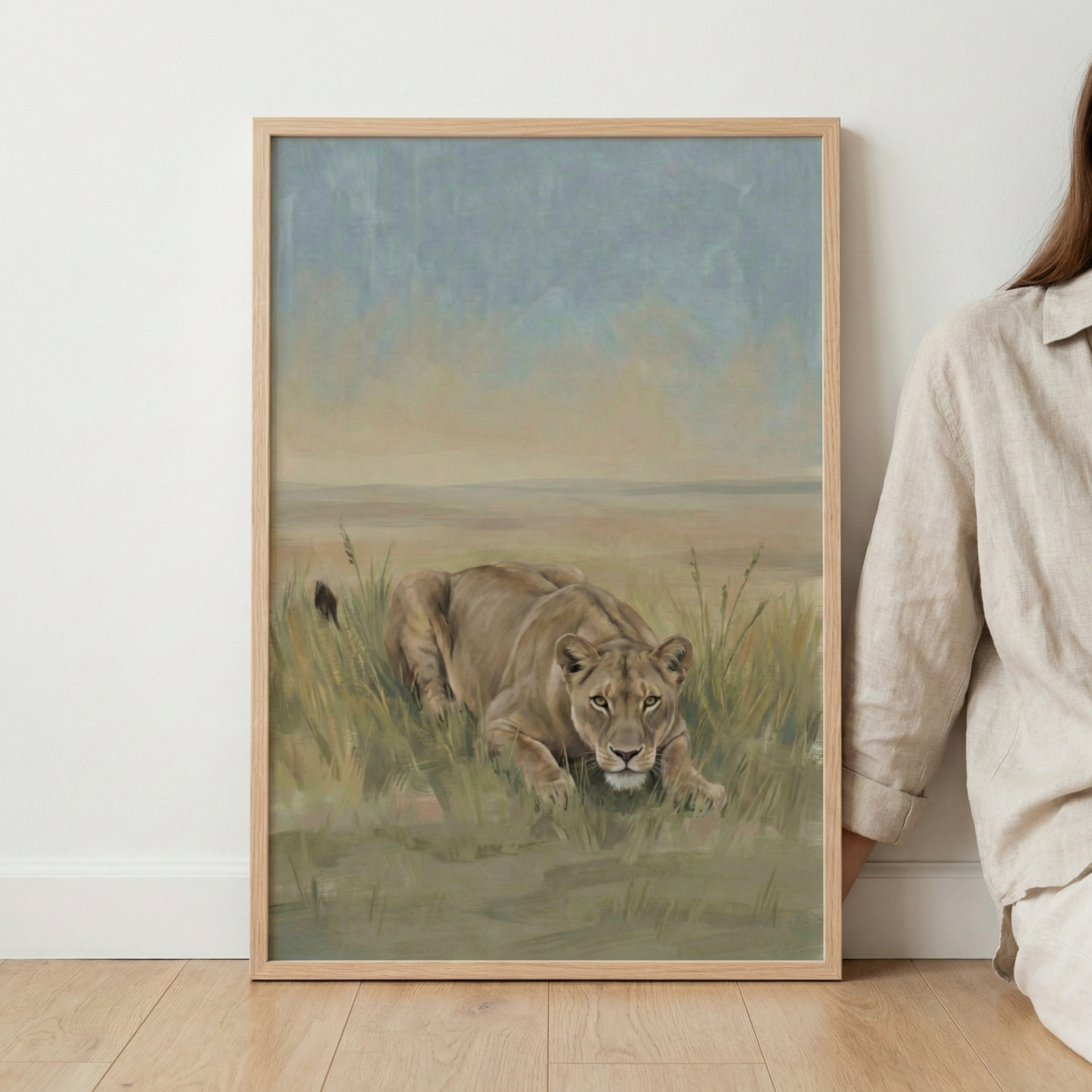 Crouching Lioness Realistic Wall Art - Golden Grass Stalker
