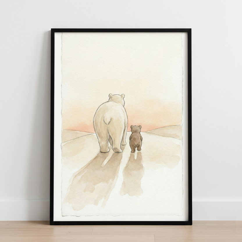 A vertical illustration of a large white bear and a small brown cub walking side-by-side away from the viewer. They traverse a pale landscape under a soft peach-colored sky at sunset or sunrise. Long, light-brown shadows stretch from their feet toward the bottom of the frame. The artwork, which has a soft watercolor aesthetic and deckled edges, is showcased within a thin black frame hanging on a white wall.