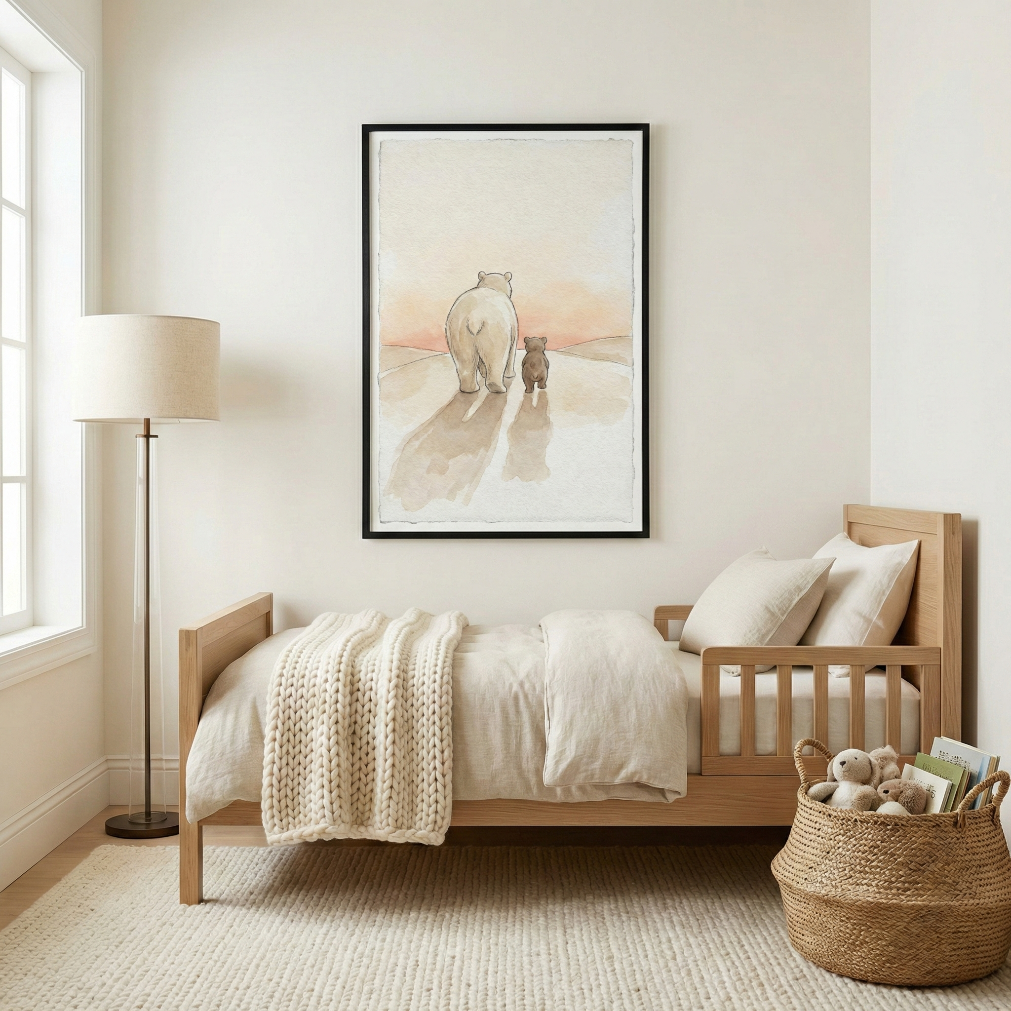 A minimalist child’s bedroom features a light-toned wooden bed frame with soft, cream-colored bedding and a chunky knit throw. Above the bed, a black-framed artwork displays a gentle illustration of a large white bear and a small brown bear walking toward a soft, warm horizon, casting long shadows. To the left, a tall floor lamp with a neutral shade stands near a bright window. A woven basket sits on the textured rug at the foot of the bed, filled with plush toys and books.