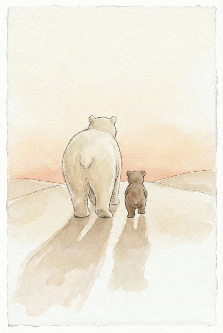 A soft watercolor-style illustration depicts a large white bear and a small brown bear cub walking side-by-side away from the viewer. They travel across a pale, minimalist landscape toward a horizon illuminated by a warm, hazy glow of peach and soft orange. Long, translucent shadows stretch forward from their feet. The artwork features delicate, muted tones and is framed by the textured, deckled edges of a piece of watercolor paper.