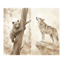Two vertical panels show a matching set of sepia-toned watercolor illustrations. The left panel depicts a young bear cub climbing a tall, thick tree trunk in a misty forest. On the right, a wolf stands atop a rocky outcrop, its head tilted back as if gazing at the sky. Both pieces feature soft, blended brushwork and a monochromatic brown palette, creating a gentle and naturalistic atmosphere of wilderness life.