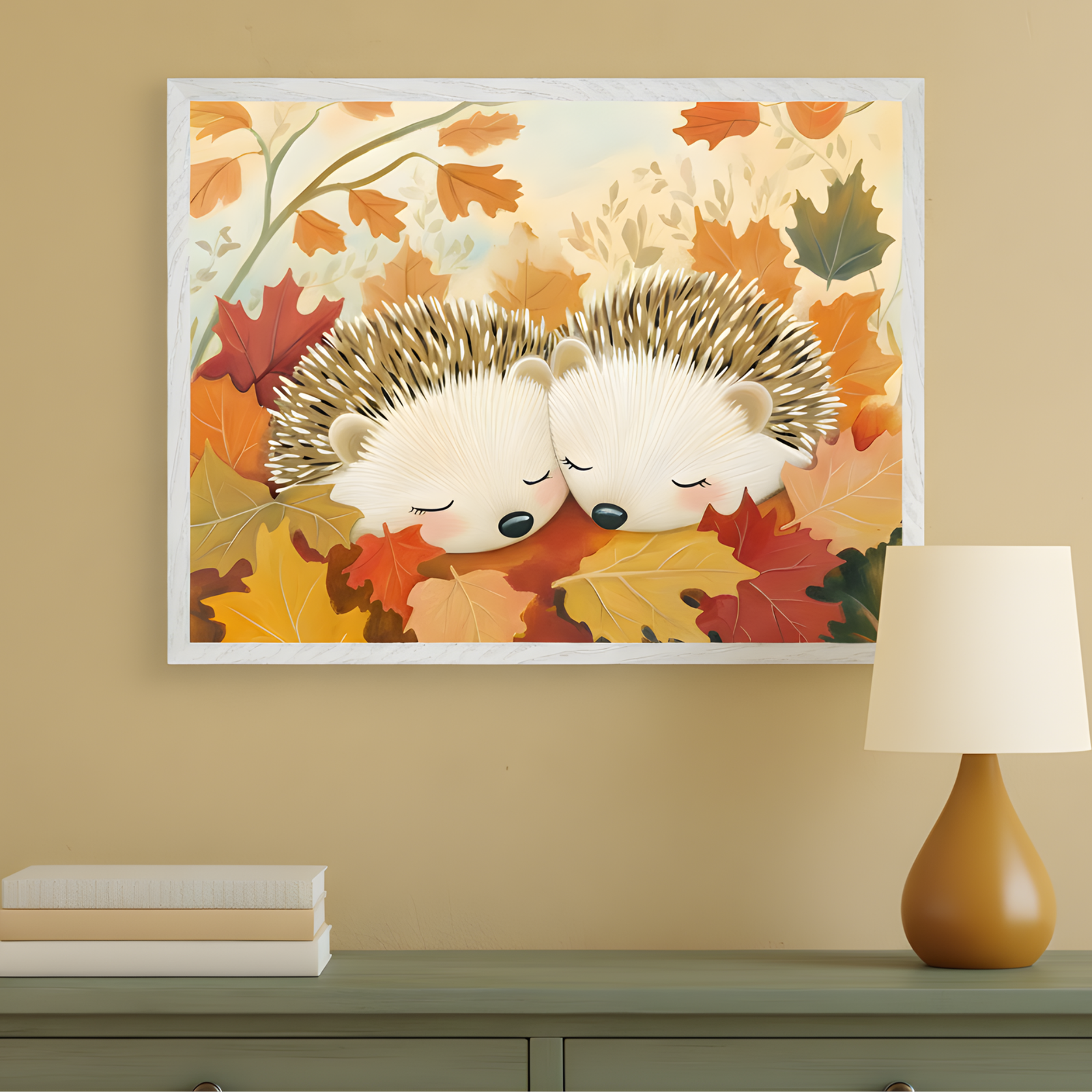 A charming fall-themed illustration of two hedgehogs snuggled together, asleep on a bed of red, orange, and yellow autumn leaves. The cozy artwork is displayed above a green dresser with a minimalist lamp and stacked books.