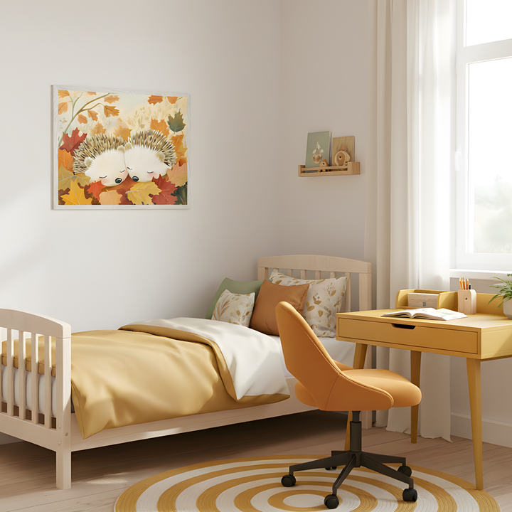 Light and airy children's bedroom featuring a framed illustration of two hedgehogs sleeping in a pile of colorful autumn leaves, hung above a natural wood bed. The space includes a cozy gold and white bedding set, a golden yellow desk with a matching swivel chair, and a round rug with concentric yellow and white stripes.