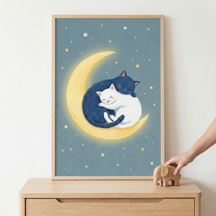 A framed illustration rests on a light wood dresser. Inside the frame, a navy blue cat and a white cat are curled up together, sleeping soundly on a glowing yellow crescent moon. The scene is set against a dark blue background scattered with small, twinkling yellow stars. To the right of the frame, a hand is shown placing a small, light-colored wooden elephant toy onto the same wooden surface. The overall feel of the image is soft, whimsical, and peaceful.