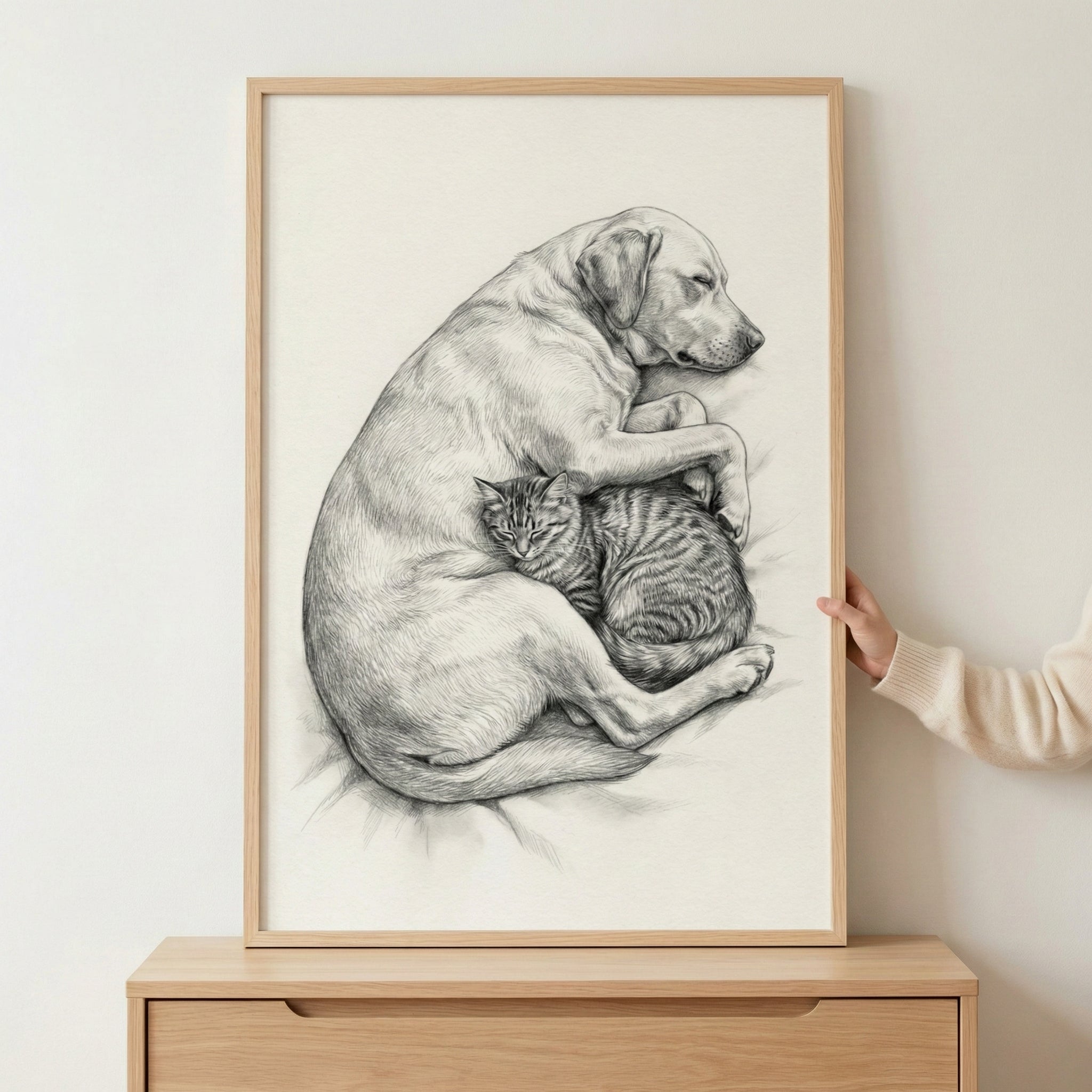 Cuddling Dog And Cat Charcoal Sketch Wall Art - Peaceful Slumber