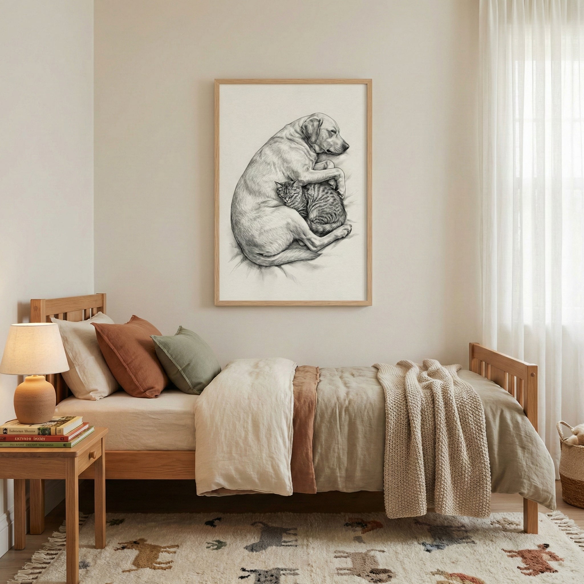 A cozy, minimalist bedroom featuring a wooden bed frame with neutral-colored bedding in shades of cream, terracotta, and sage green. A textured, knitted beige throw blanket rests on the bed. Above the headboard, a large framed artwork displays a detailed black and white sketch of a dog curled around a small cat. To the left, a small wooden nightstand holds a lamp with a round ceramic base and several books.