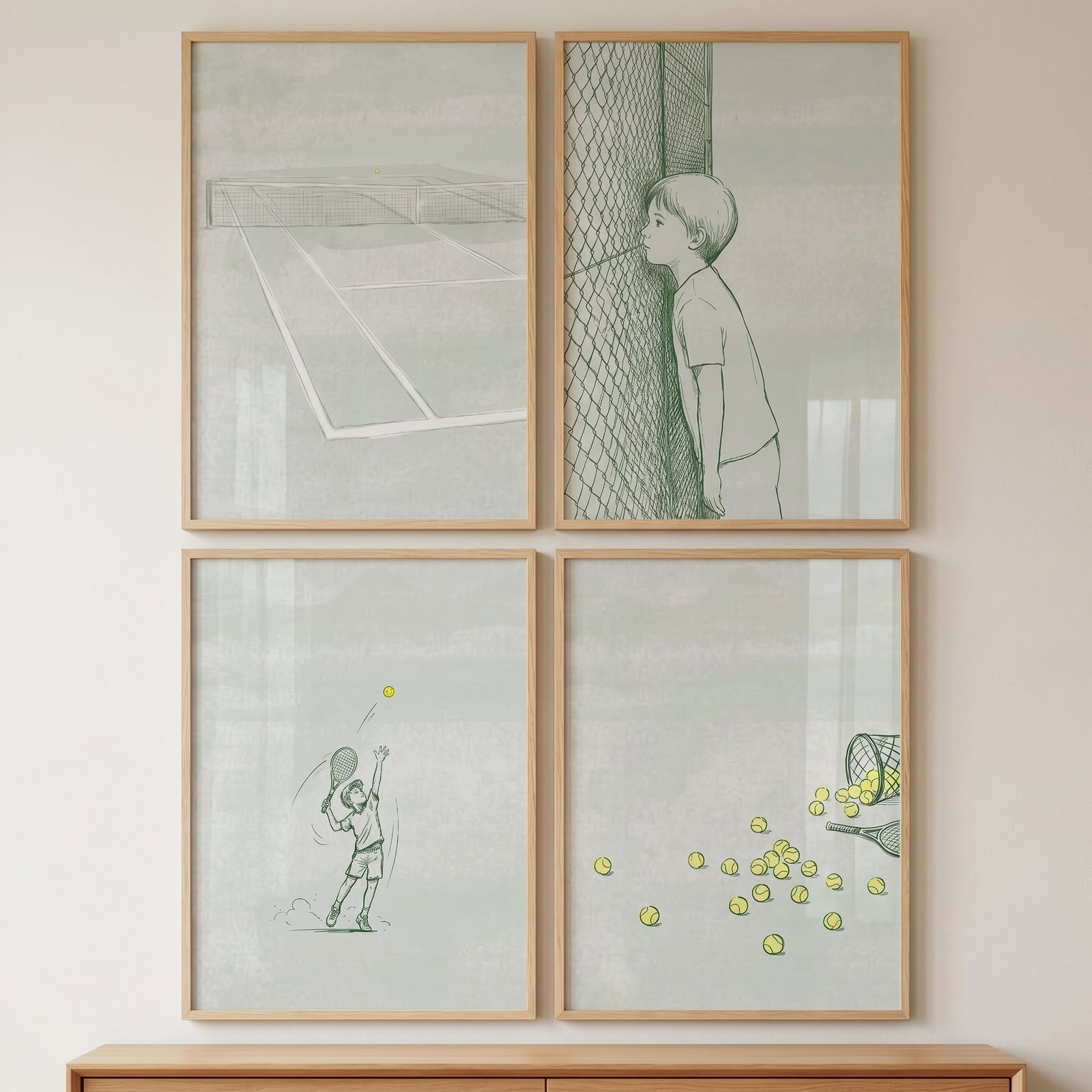 Curated sage green tennis wall art set of 4 featuring a court, a boy at a fence, a server, and scattered tennis balls.