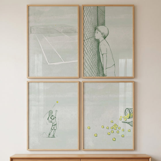 Curated sage green tennis wall art set of 4 featuring a court, a boy at a fence, a server, and scattered tennis balls.