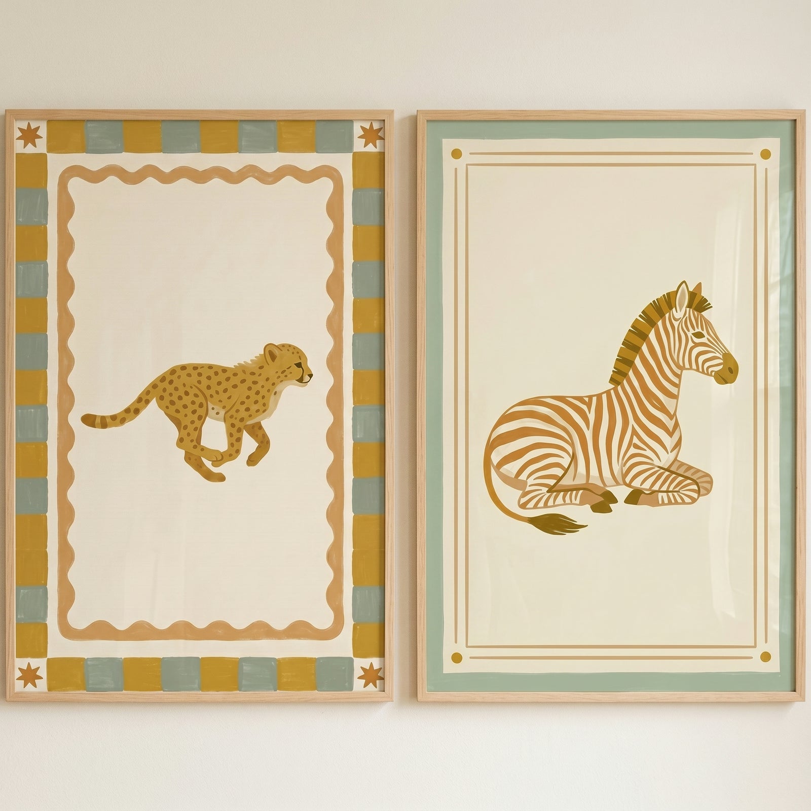 curated vintage safari animals wall art set of 2 featuring a running cheetah and a resting zebra in ochre and sage green.