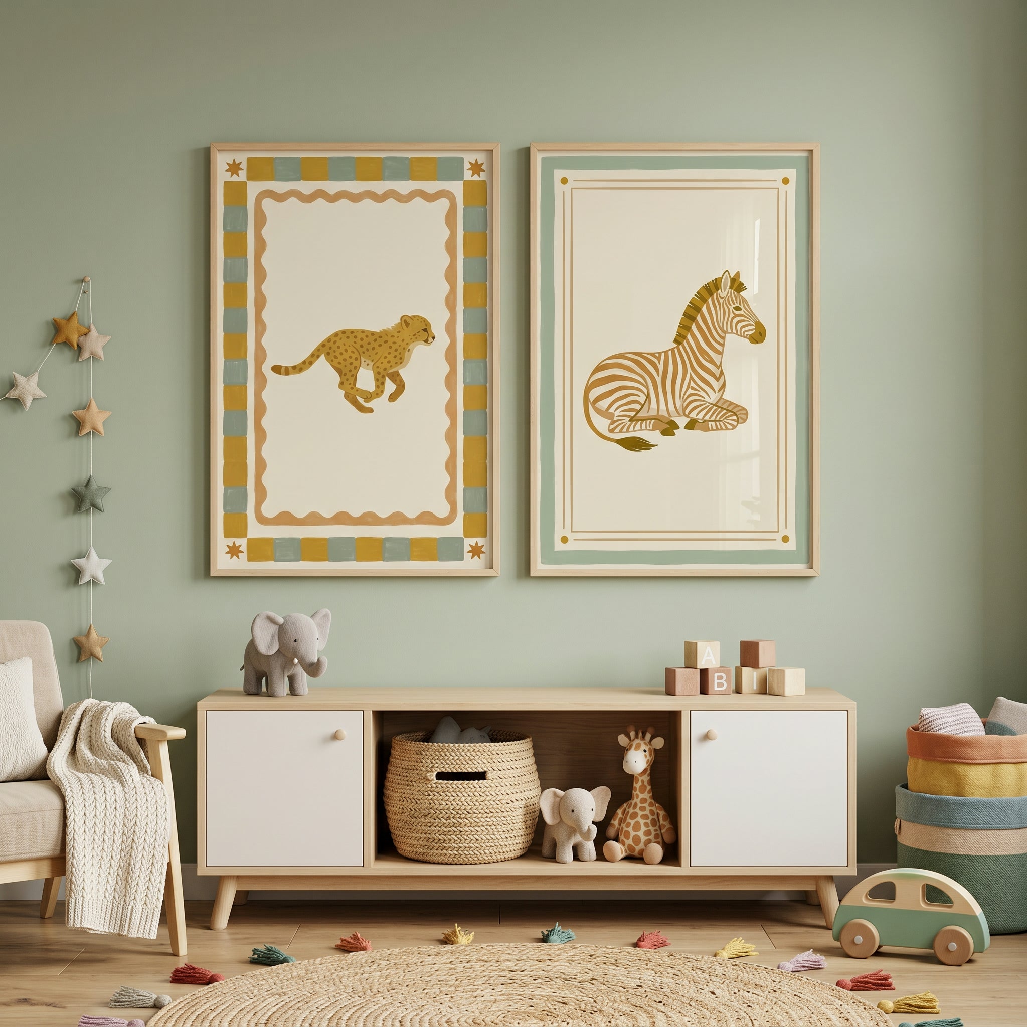 Curated Vintage Safari Animals Wall Art Set of 2 - Savanna Animal Duo