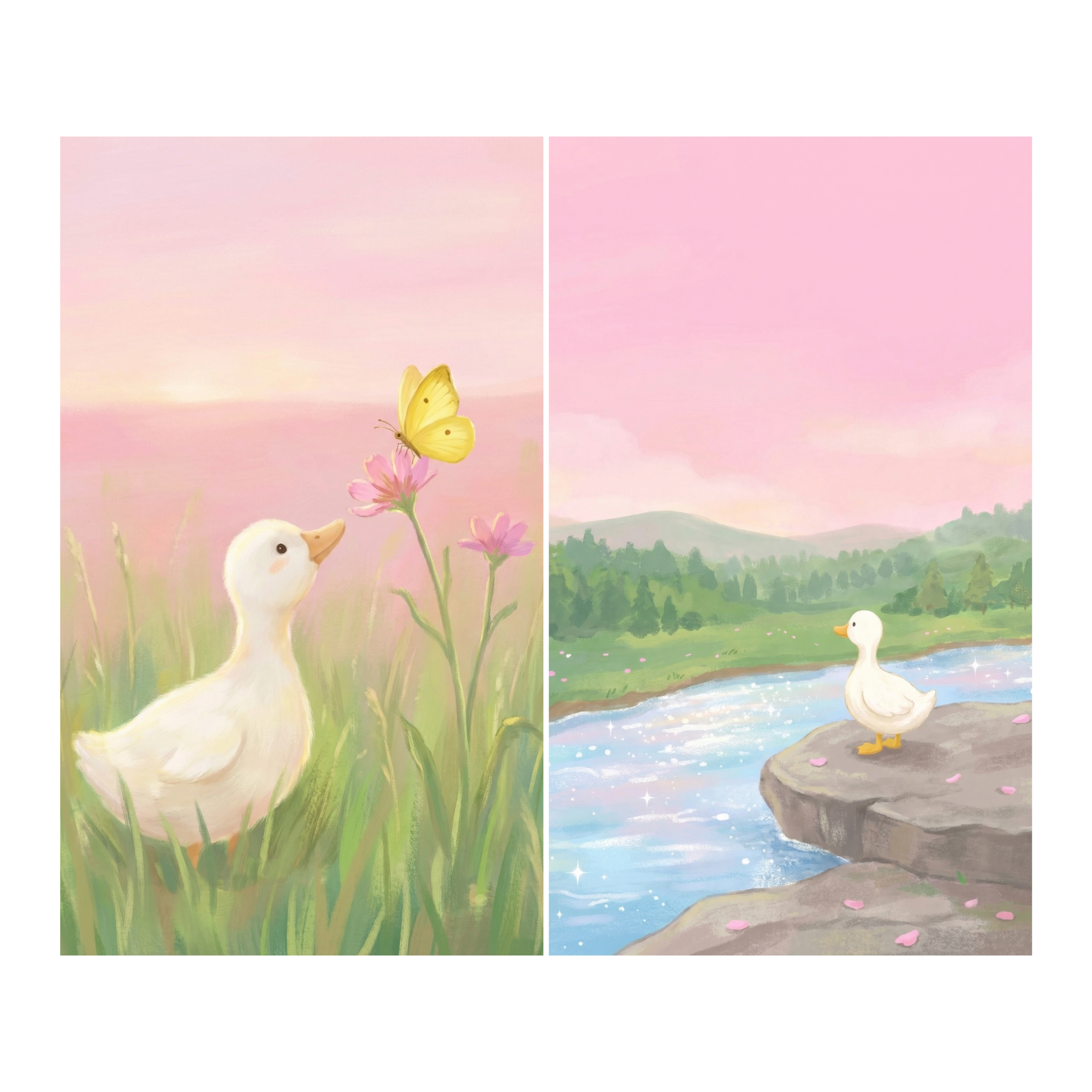 A white duckling stands in tall grass and looks up at a yellow butterfly resting on a pink flower. The background is a dreamy pink sky with a hazy field behind them. A white duck stands on a gray rock beside a sparkling blue river and looks out across a green landscape. Pink petals dot the rock and the sky above is washed in pale pink.