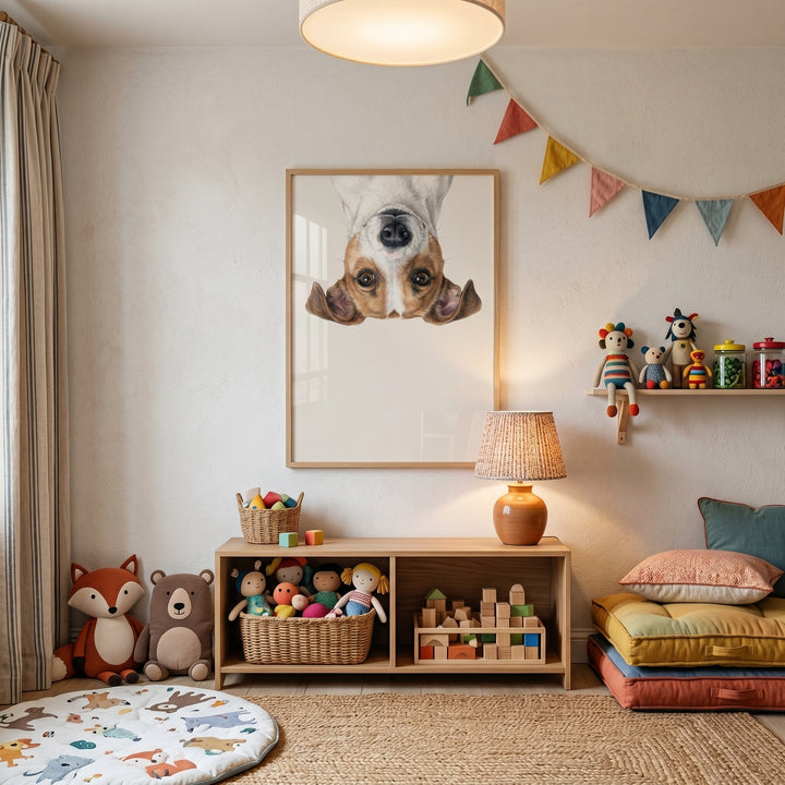Curious jack russell terrier wall art hangs above a toy shelf in a neutral playroom with floor cushions and a jute rug.