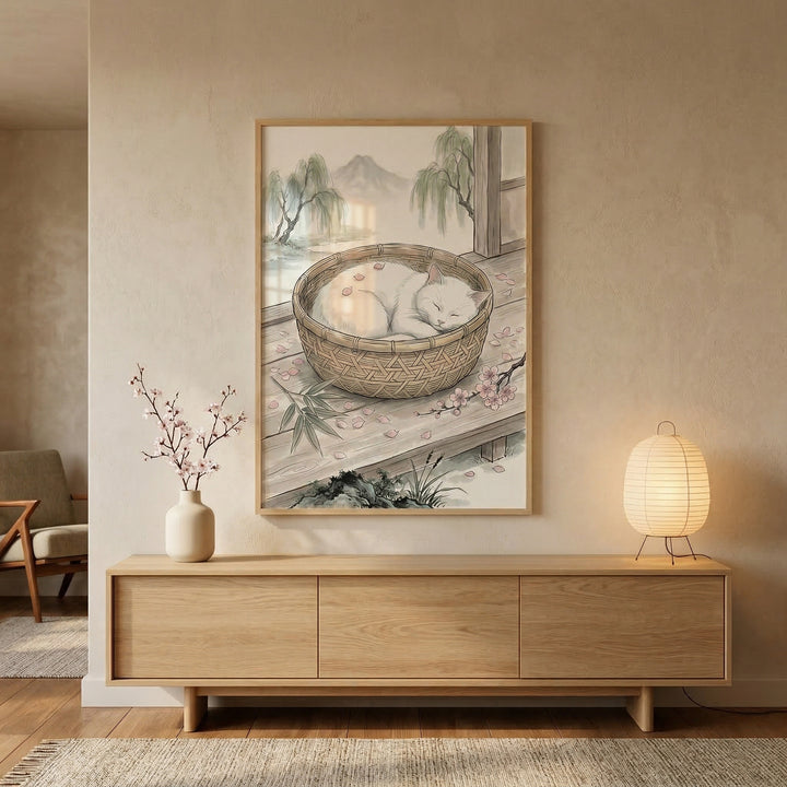 A minimalist room interior features a large framed artwork centered on a beige wall. The illustration within the frame is rendered in a traditional East Asian ink-and-wash style, showing a white cat curled up asleep in a round woven basket. The basket sits on a wooden veranda, surrounded by fallen pink flower petals. In the background of the artwork, misty mountains and thin, graceful trees are visible behind a body of water. 