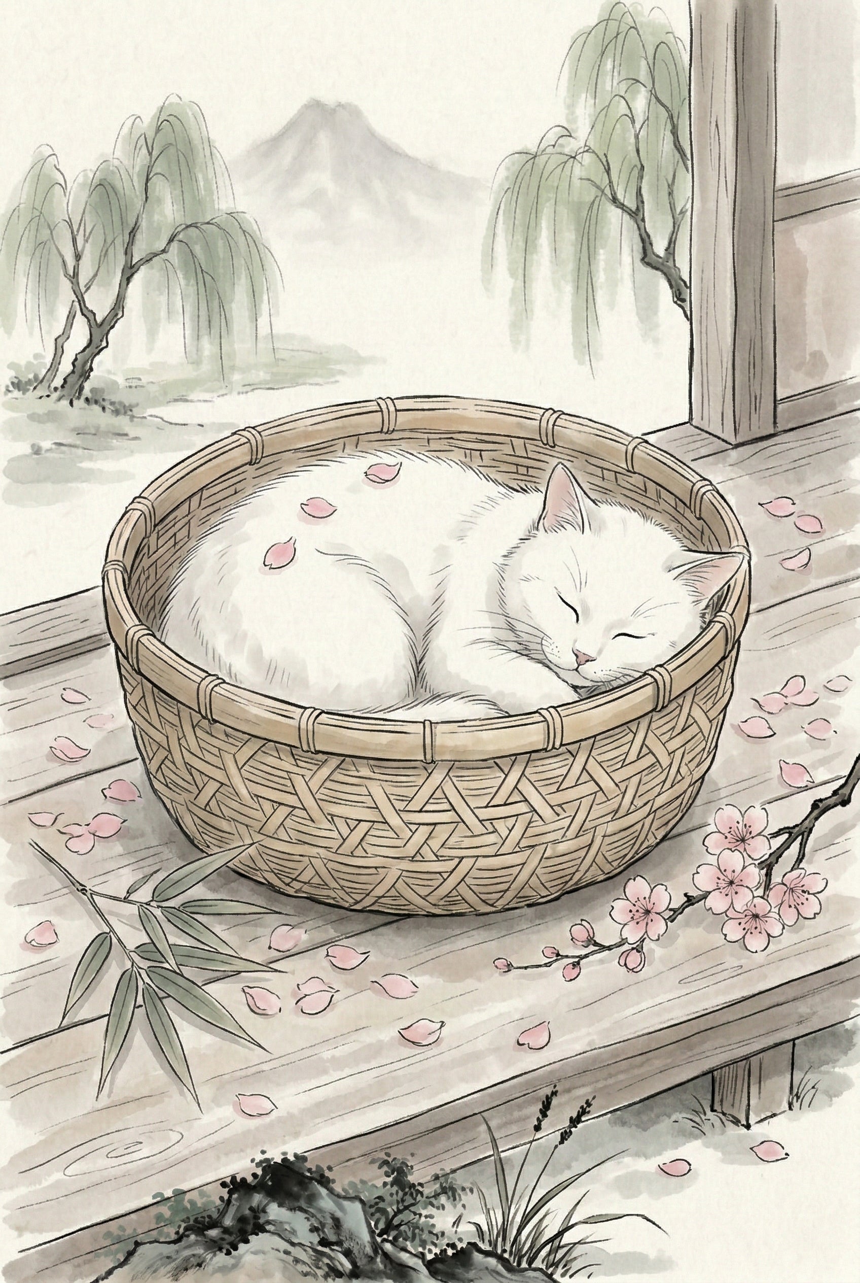 Japanese Style Curled Cat Wall Art - Serene Garden Nap