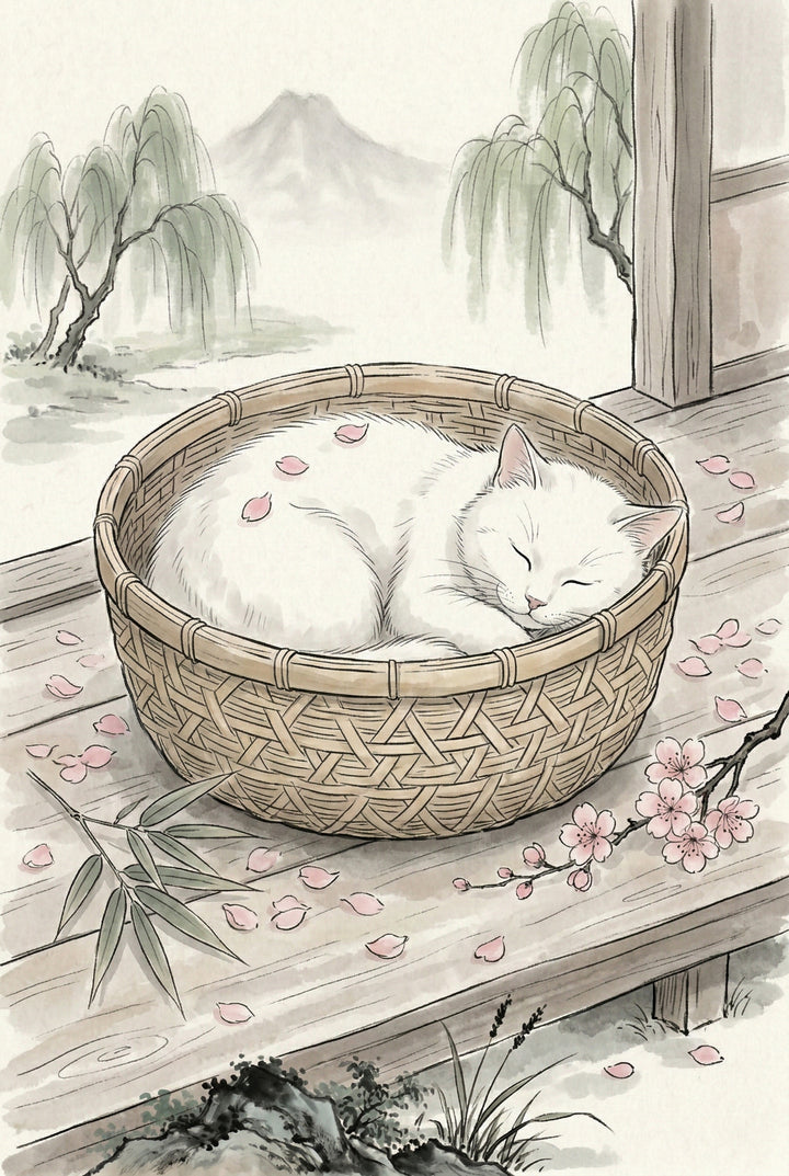 Soft ink and watercolor scene of a white cat sleeping curled inside a woven basket on a wooden porch. Pink petals rest on its fur and drift across the floor beside a flowering branch and pale green leaves while misty willow trees and a distant mountain fade into the background.

