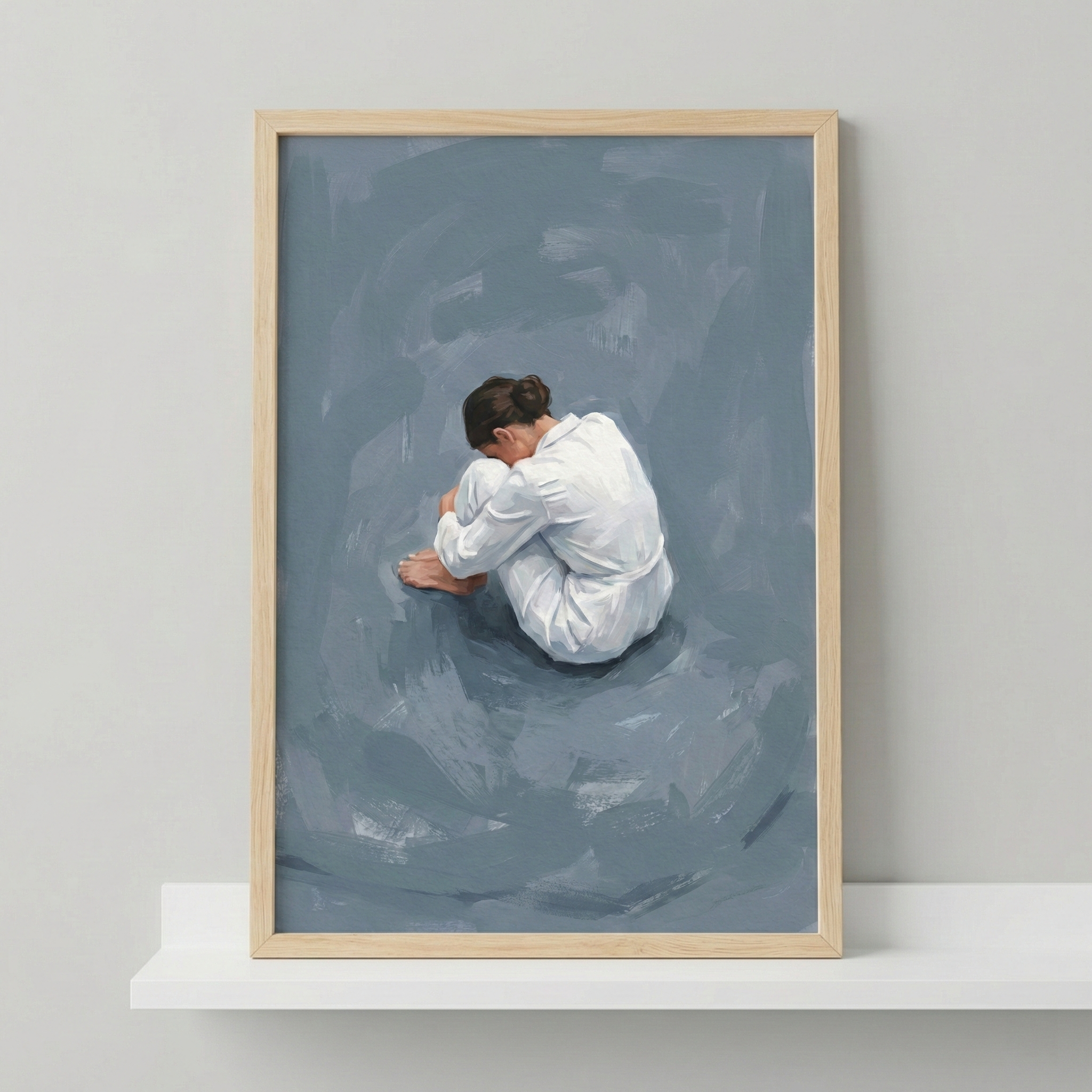 A framed piece of wall art resting on a white shelf. The art depicts a person in white clothing sitting in a curled, contemplative pose with their head down. The background is composed of thick, expressive brushstrokes in shades of muted blue and grey.