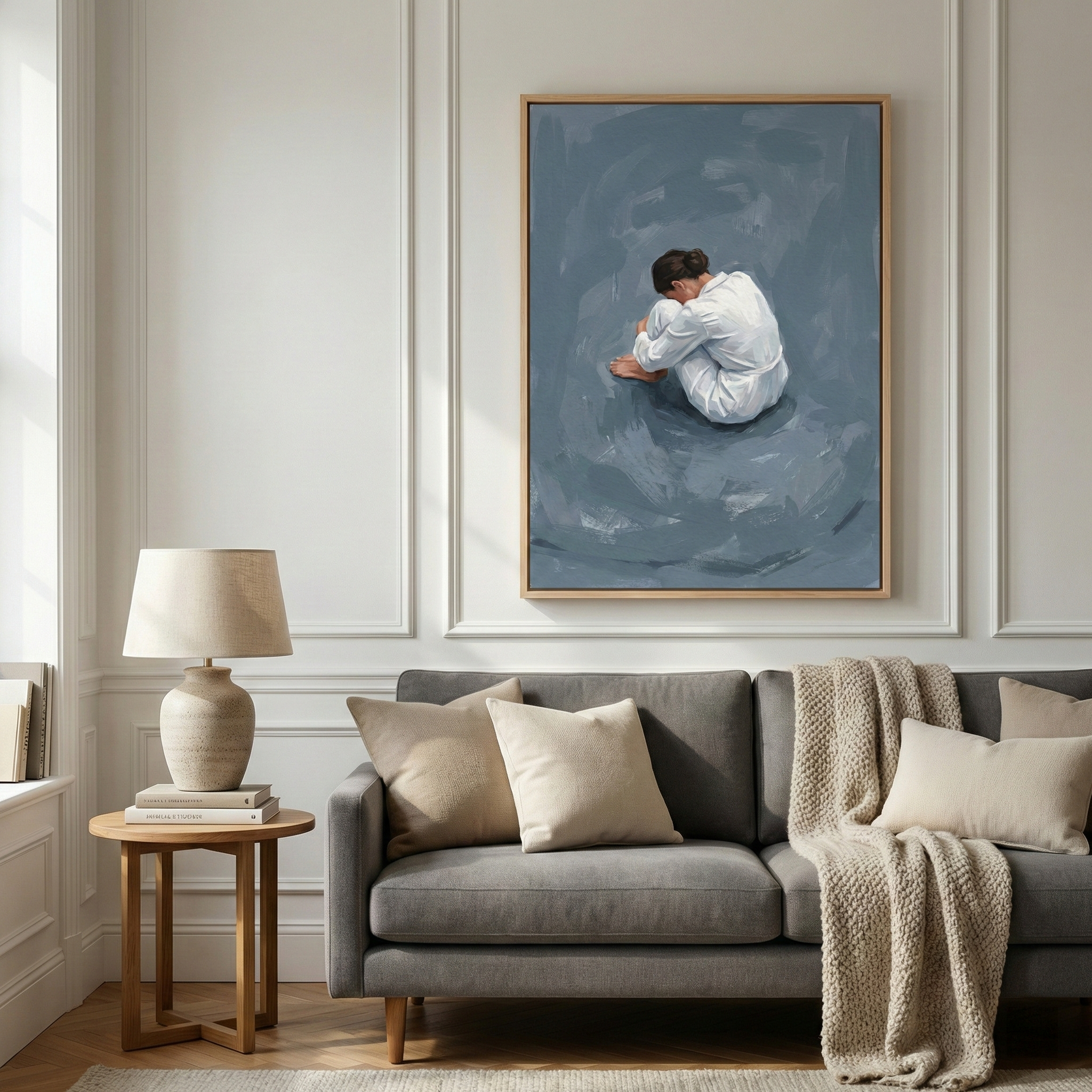 A minimalist living room features a grey upholstered sofa accented with neutral-toned cushions and a textured, cream-colored knitted throw. To the left, a small circular wooden side table holds a stack of books and a ceramic lamp with a simple beige shade. Above the sofa, a large vertical framed artwork hangs on a wall with decorative white molding. The artwork depicts a figure in white clothing sitting in a curled, contemplative pose against a backdrop of swirling dark blue and grey tones.