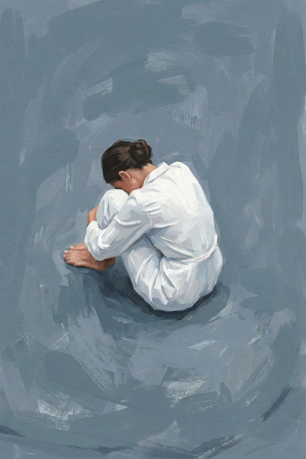 A woman dressed in loose white clothing sits curled up with her head bowed to her knees on a textured blue-gray surface, creating a mood of quiet introspection.

