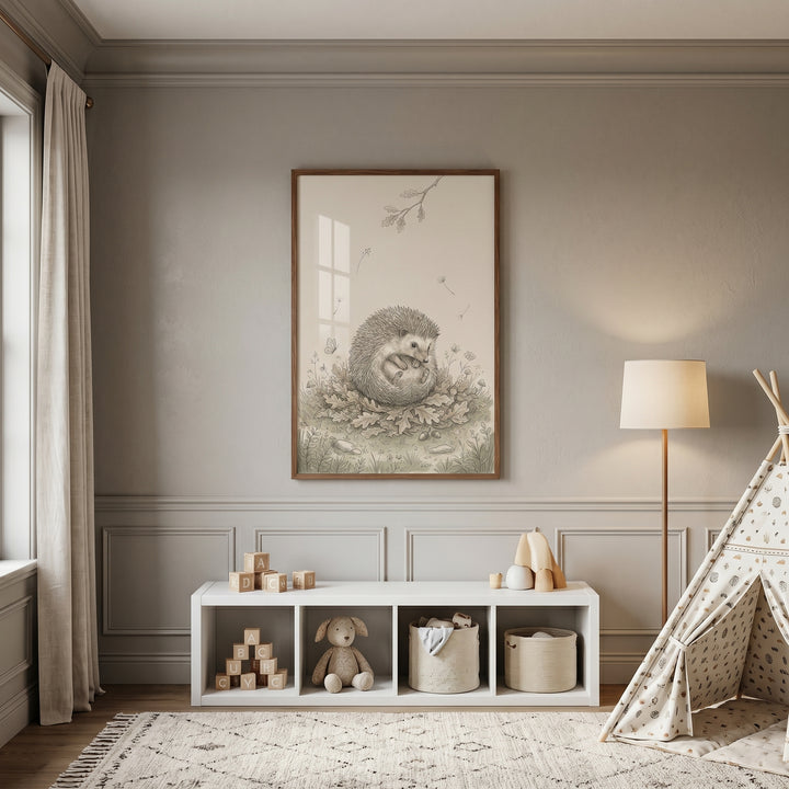 Curled oak leaf hedgehog wall art hangs above a white toy shelf in a neutral room with a floor lamp and a canvas teepee.