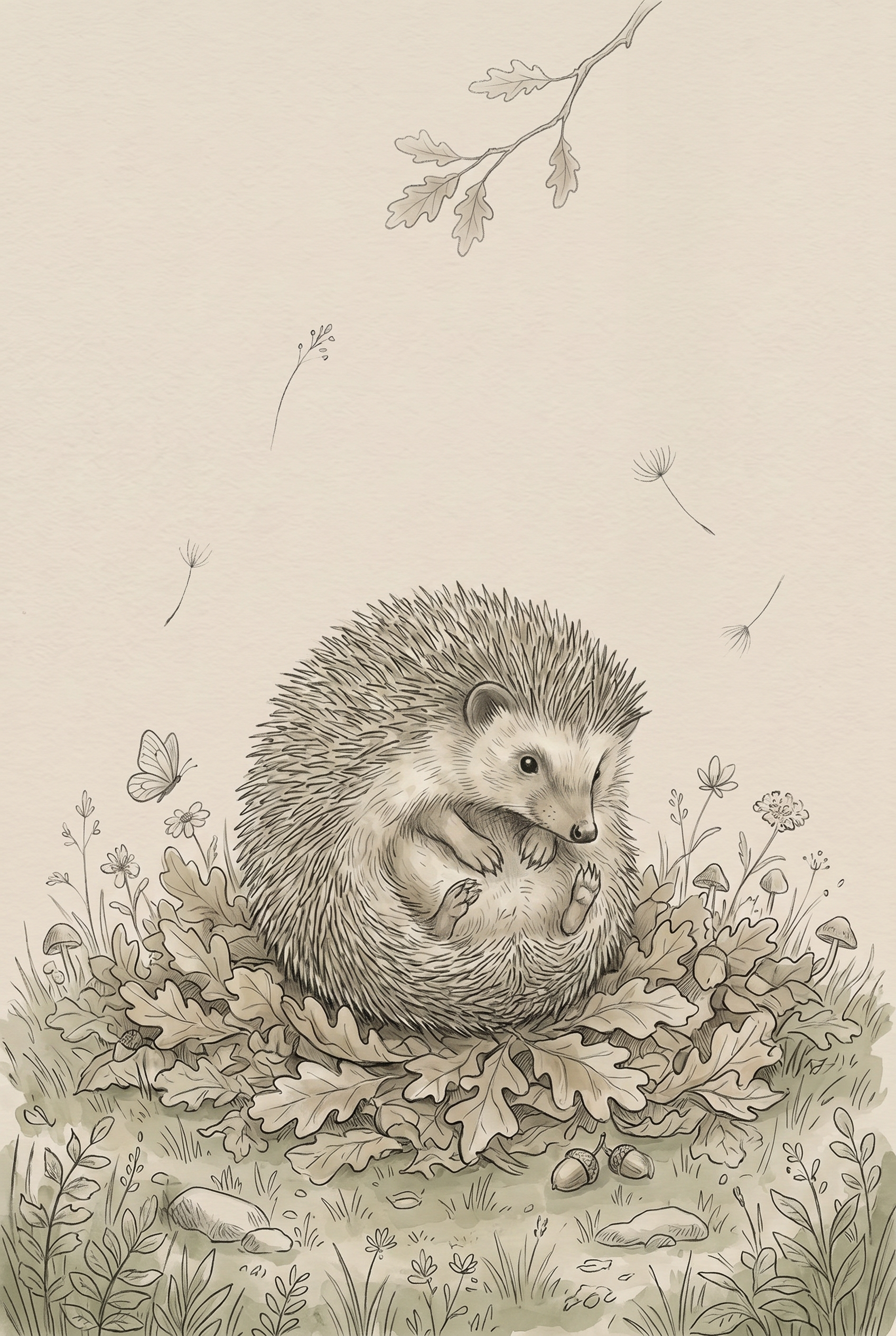 Curled Oak Leaf Hedgehog Wall Art - Autumn Hedgehog Nest