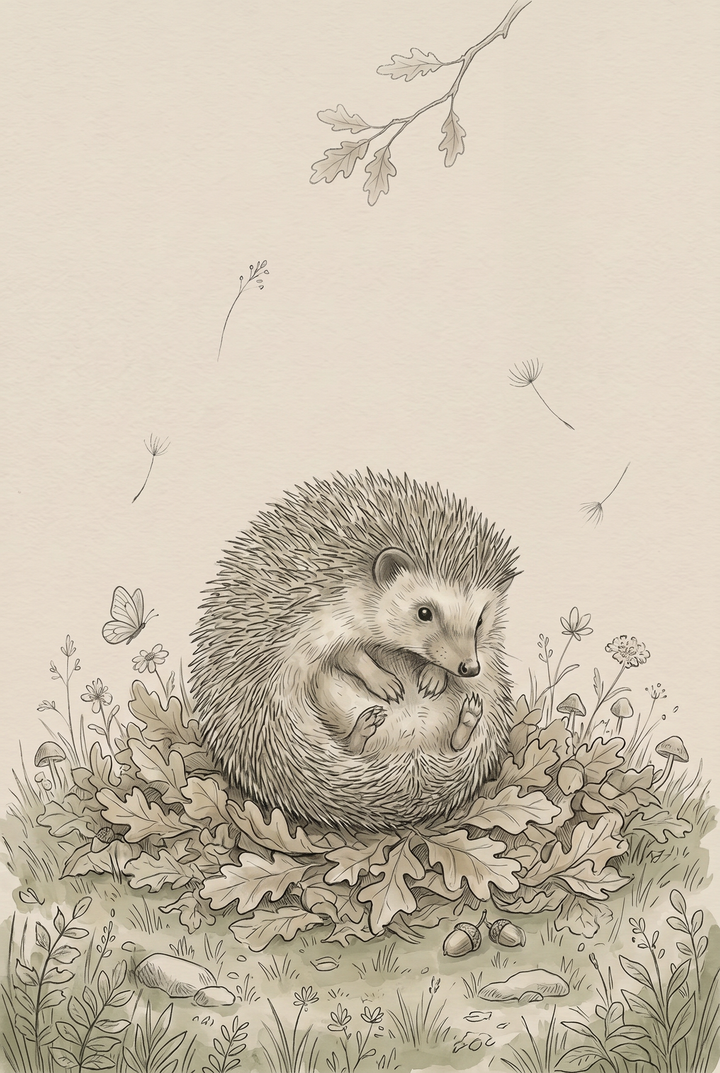 Curled oak leaf hedgehog wall art showing a hedgehog nestled in oak leaves with wildflowers, acorns, and mushrooms.
