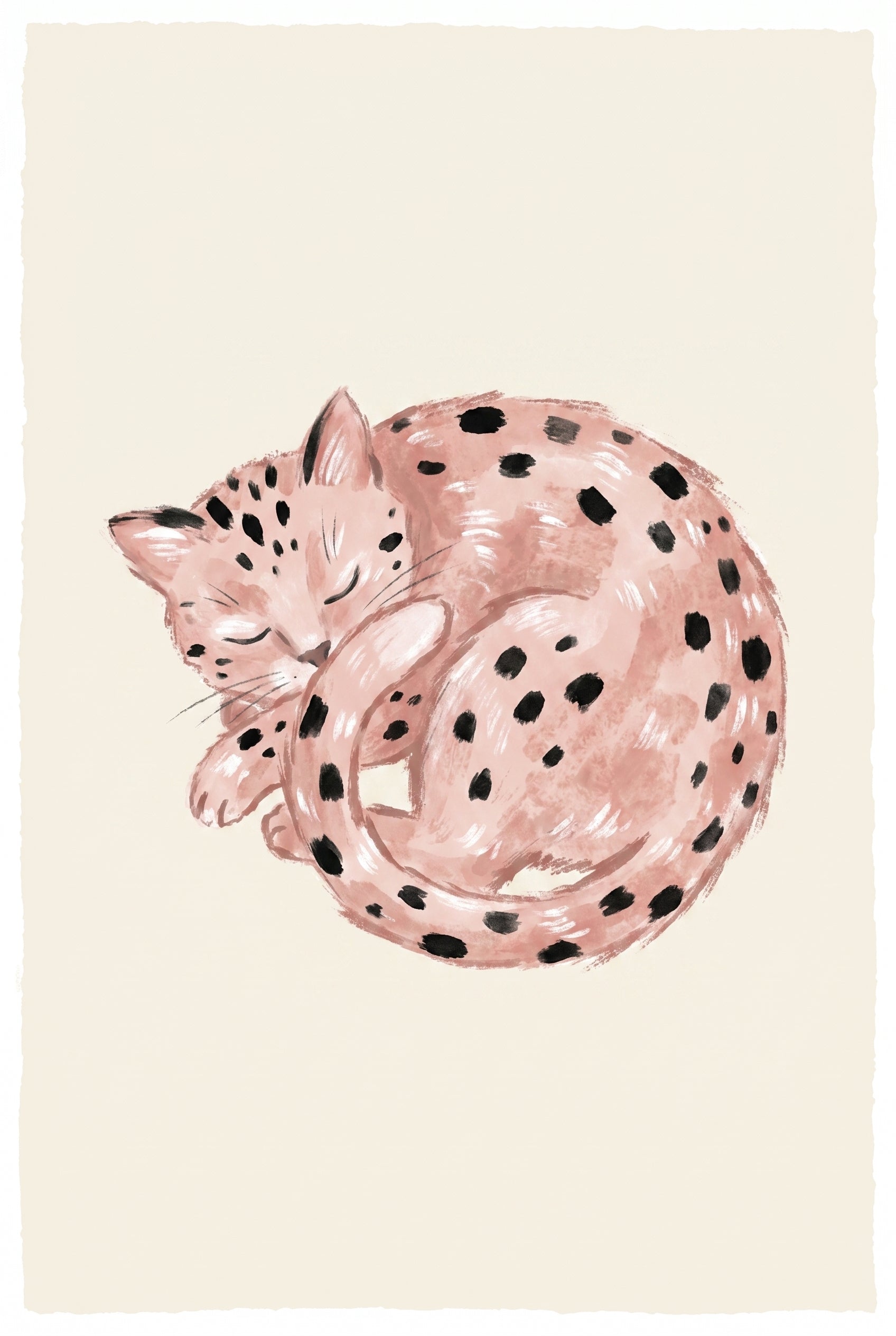 Curled Up Spotted Cat Wall Art - Sleeping Pink Feline