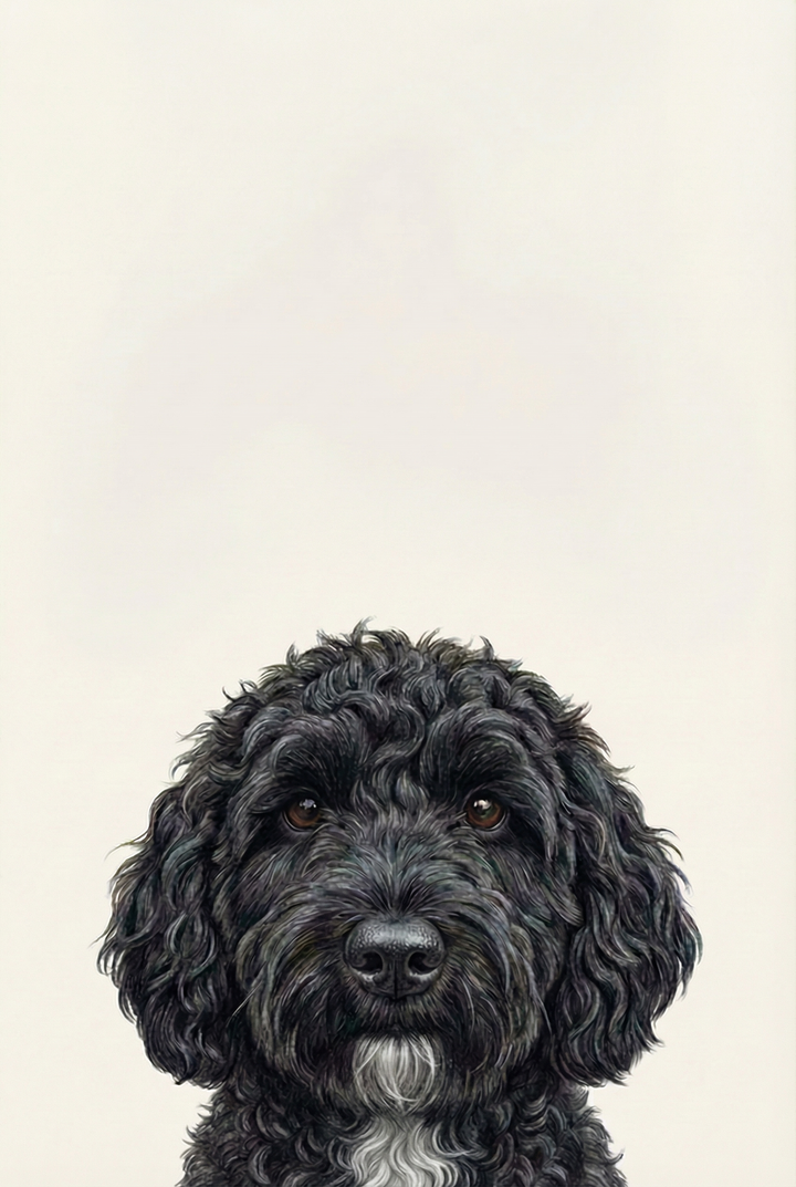 Curly black doodle dog wall art with dark eyes and a white patch on its chin against a minimalist cream background.