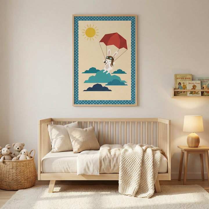 A cozy, modern nursery features a light wood crib centered against a neutral wall. Above the crib hangs a large framed illustration of a whimsical rabbit in aviator goggles parachuting over stylized blue mountains under a yellow sun, bordered by a blue polka-dot pattern. The crib is styled with white bedding and a textured knit blanket. To the left, a wicker basket is filled with soft plush animals, and to the right, a small wooden side table holds a lamp with a round wooden base. A simple wooden shelf with