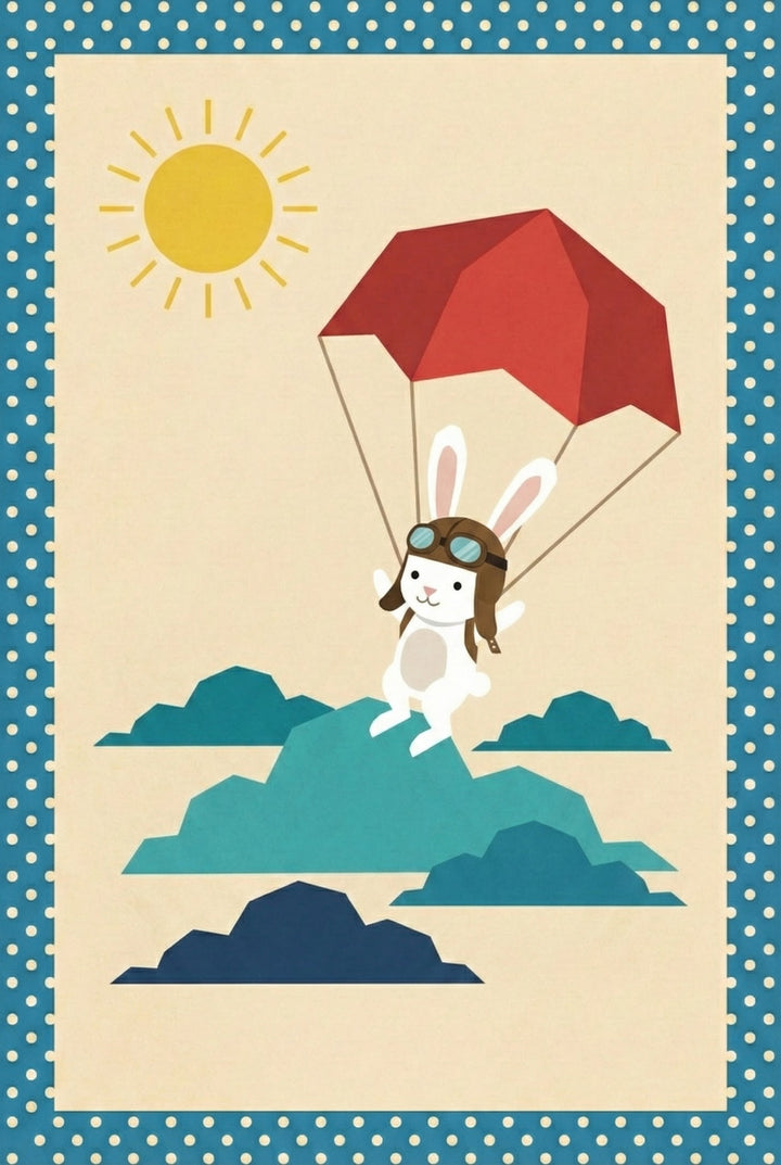 A white bunny in flight goggles floats gently down with a red parachute above layered blue clouds and a glowing yellow sun.
