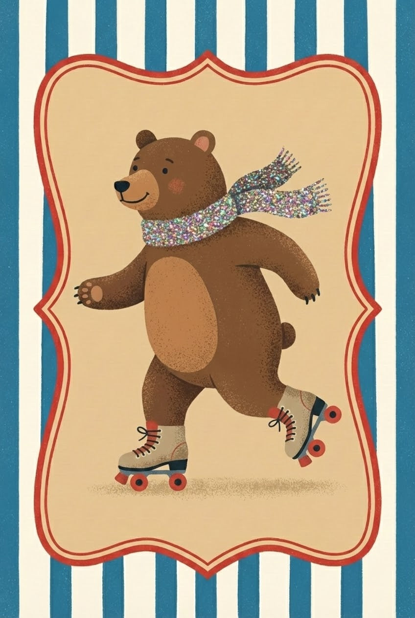 Cute Bear On Wheels Playful Wall Art - The Gliding Grizzly