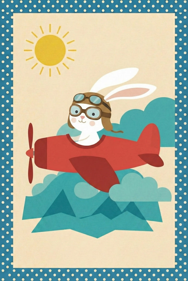 A cheerful white bunny wearing aviator goggles and a leather helmet flies a red airplane above teal clouds and blue mountains under a bright yellow sun.
