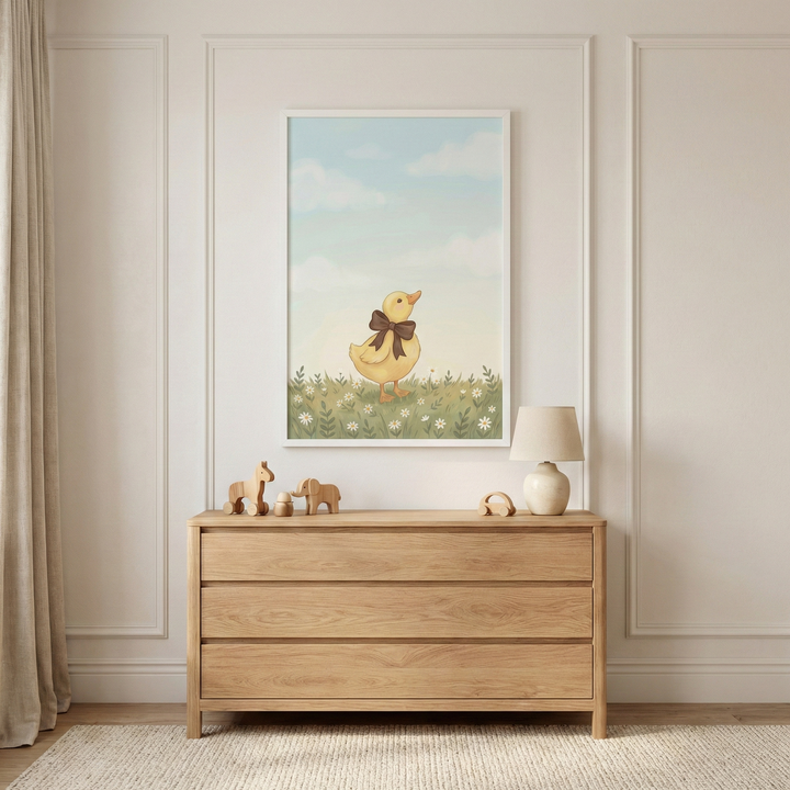 A minimalist nursery setting features a light-colored wooden three-drawer dresser against a wall with elegant molding. On the dresser are small wooden toys, including a horse and an elephant, and a simple ceramic lamp. Above it hangs a large framed illustration of a small yellow duckling with a brown bow, standing in a field of flowers under a light blue sky. A neutral curtain hangs to the left, and a textured cream rug covers the floor.