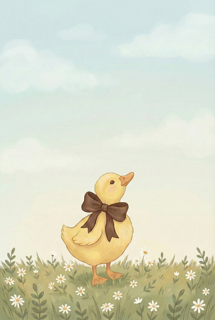 Soft watercolor illustration of a yellow duckling wearing an oversized brown bow standing in a grassy meadow dotted with white daisies. The pastel sky fades from blue to cream above the small flowers and greenery.


