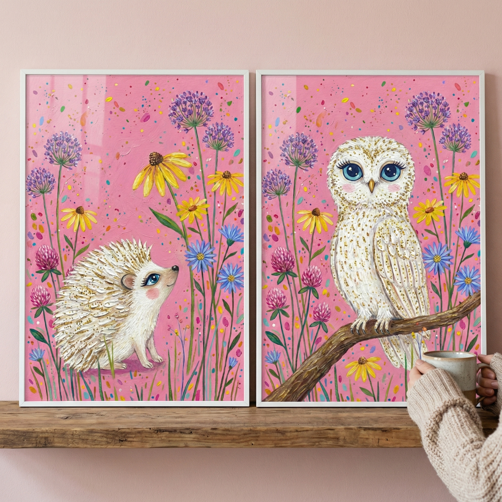 Two framed illustrations displayed on a wooden shelf against a soft pink wall. One shows a small hedgehog among colorful wildflowers and the other shows a white owl perched on a tree branch with bright blue eyes surrounded by flowers on a pink background while a person holds a cup nearby.