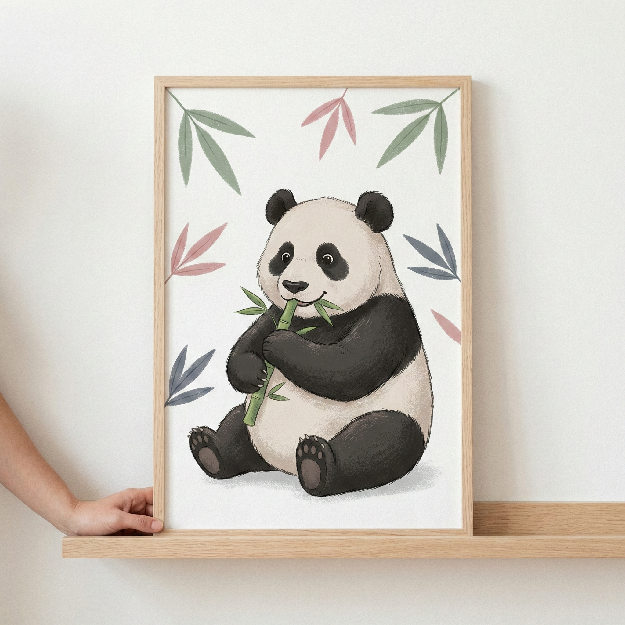 Cute Panda Nursery Wall Art - Happy Bamboo Snack