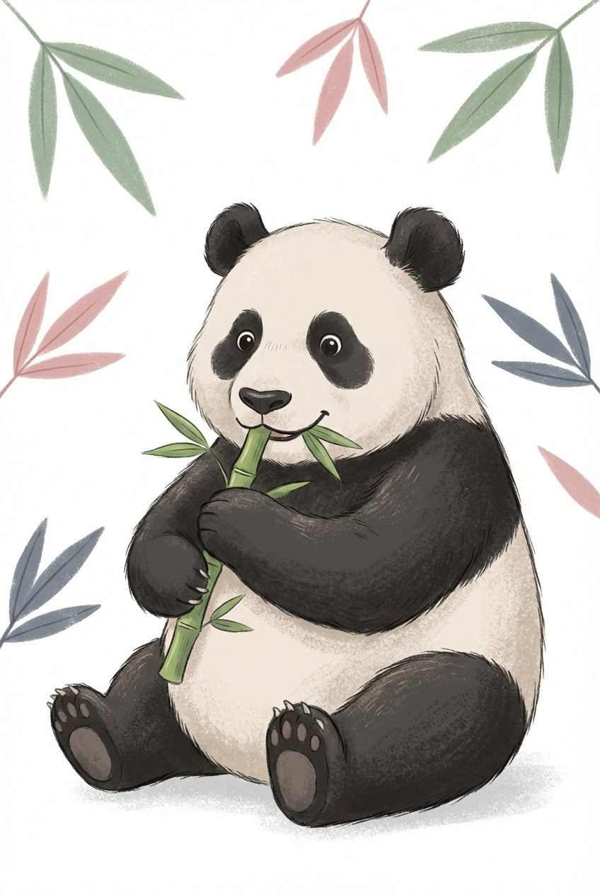 Cute Panda Nursery Wall Art - Happy Bamboo Snack