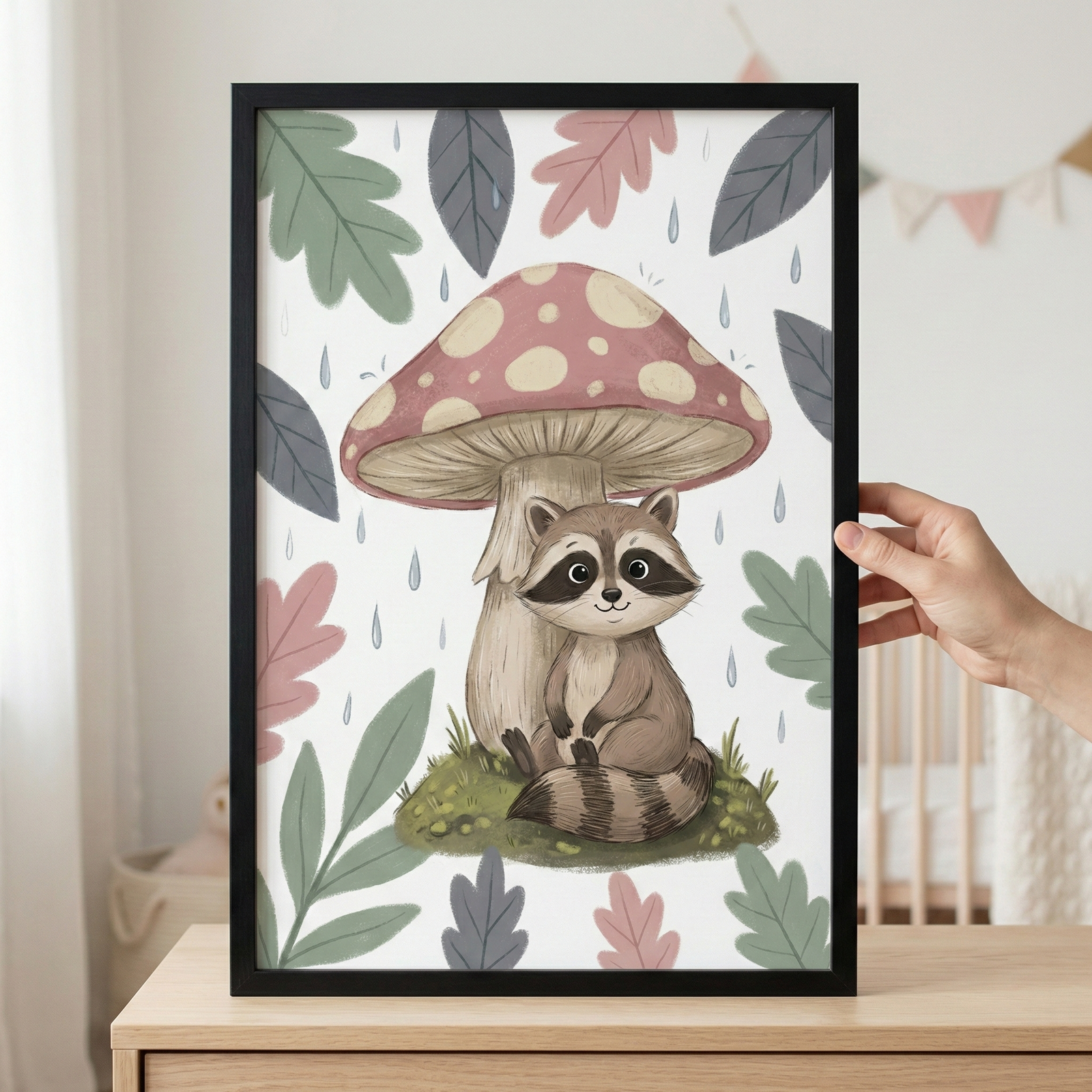 Illustrated raccoon sitting under a large red spotted mushroom with raindrops falling around it and soft pastel leaves in the background. Framed woodland animal art print displayed on a dresser in a nursery creating a cozy whimsical forest theme.