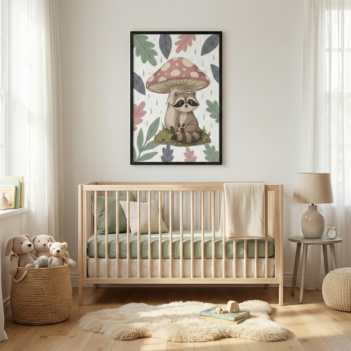 A bright, modern nursery features a light wood crib with pale green striped bedding. Above it hangs a black-framed illustration of a cute raccoon sitting under a large red and white spotted mushroom, surrounded by colorful leaves and raindrops. To the left, a woven basket is filled with stuffed animals. On the right, a small wooden side table holds a lamp and a clock. A soft, white faux-fur rug rests on the light wood floor in front of the crib, creating a cozy and warm atmosphere.