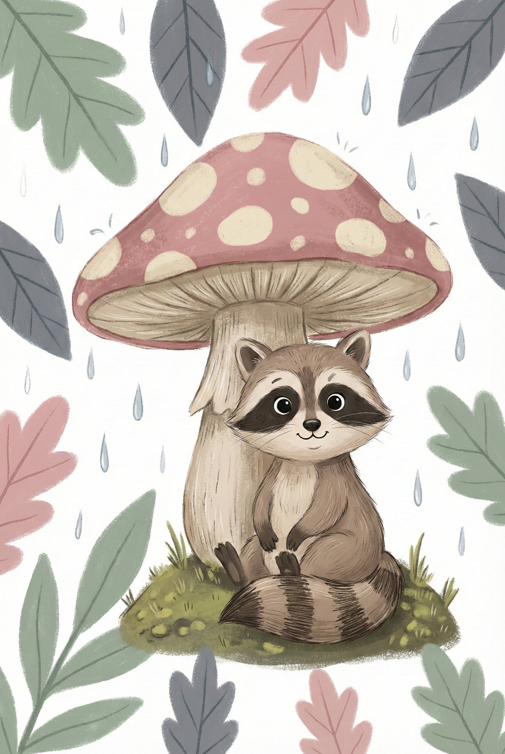 Cute Raccoon Wall Art - Rainy Mushroom Friend