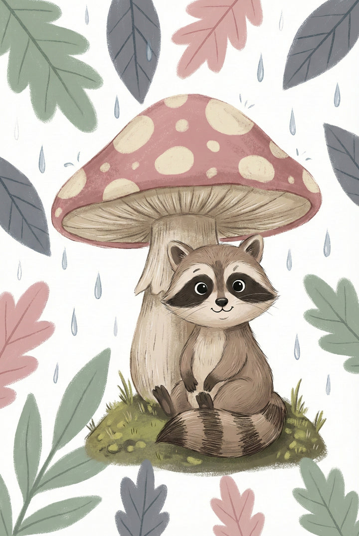 A charming illustration of a small raccoon seeking shelter under a giant mushroom. The mushroom features a dusty red cap with pale spots and a thick, textured stem. The raccoon sits on a mossy patch with a gentle expression and a striped tail. Stylized leaves in muted green, pink, and gray float in the background amidst light falling raindrops. The artwork has a soft, whimsical quality with delicate linework and a muted color palette against a white background.