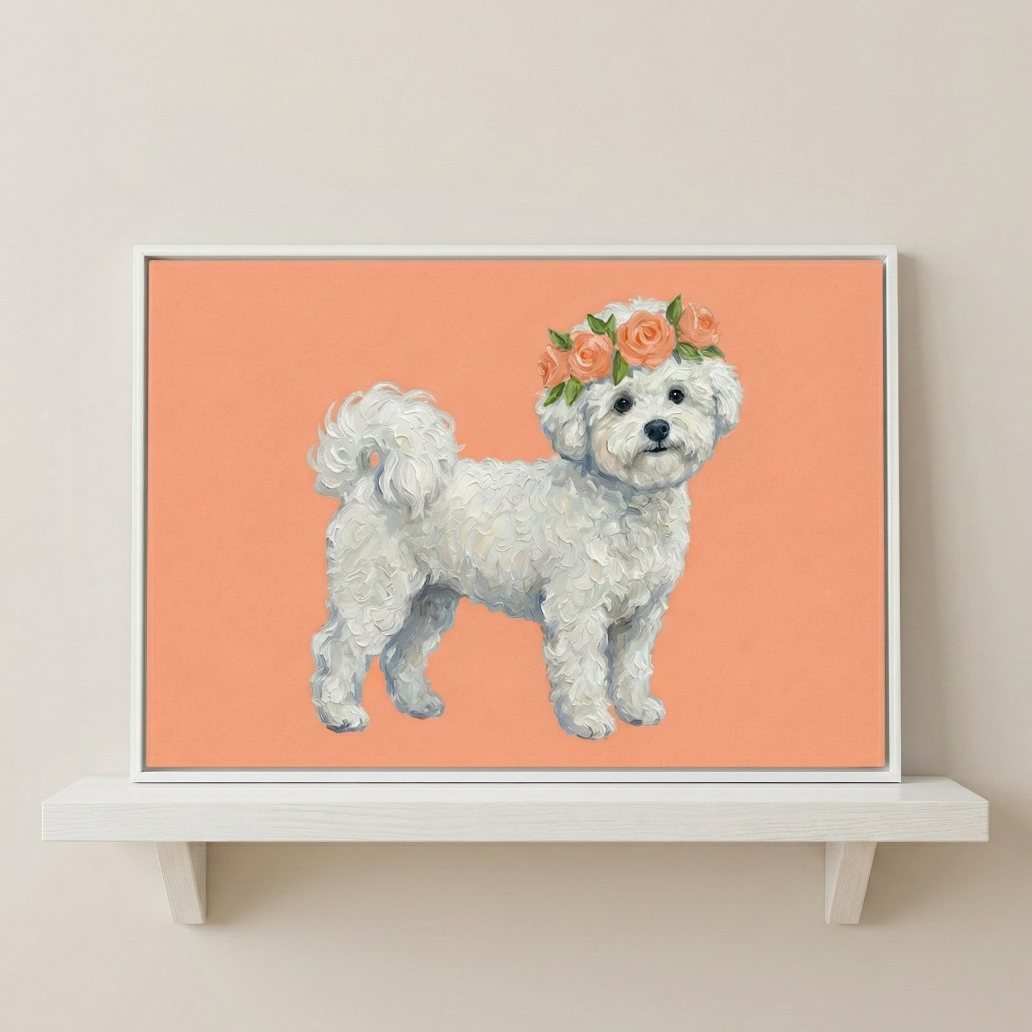 A fluffy white dog with soft curls stands against a peach background, wearing a crown of peach roses and green leaves. The gentle brushstrokes and floral detail give it a sweet, endearing personality.