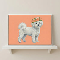 A fluffy white dog with soft curls stands against a peach background, wearing a crown of peach roses and green leaves. The gentle brushstrokes and floral detail give it a sweet, endearing personality.
