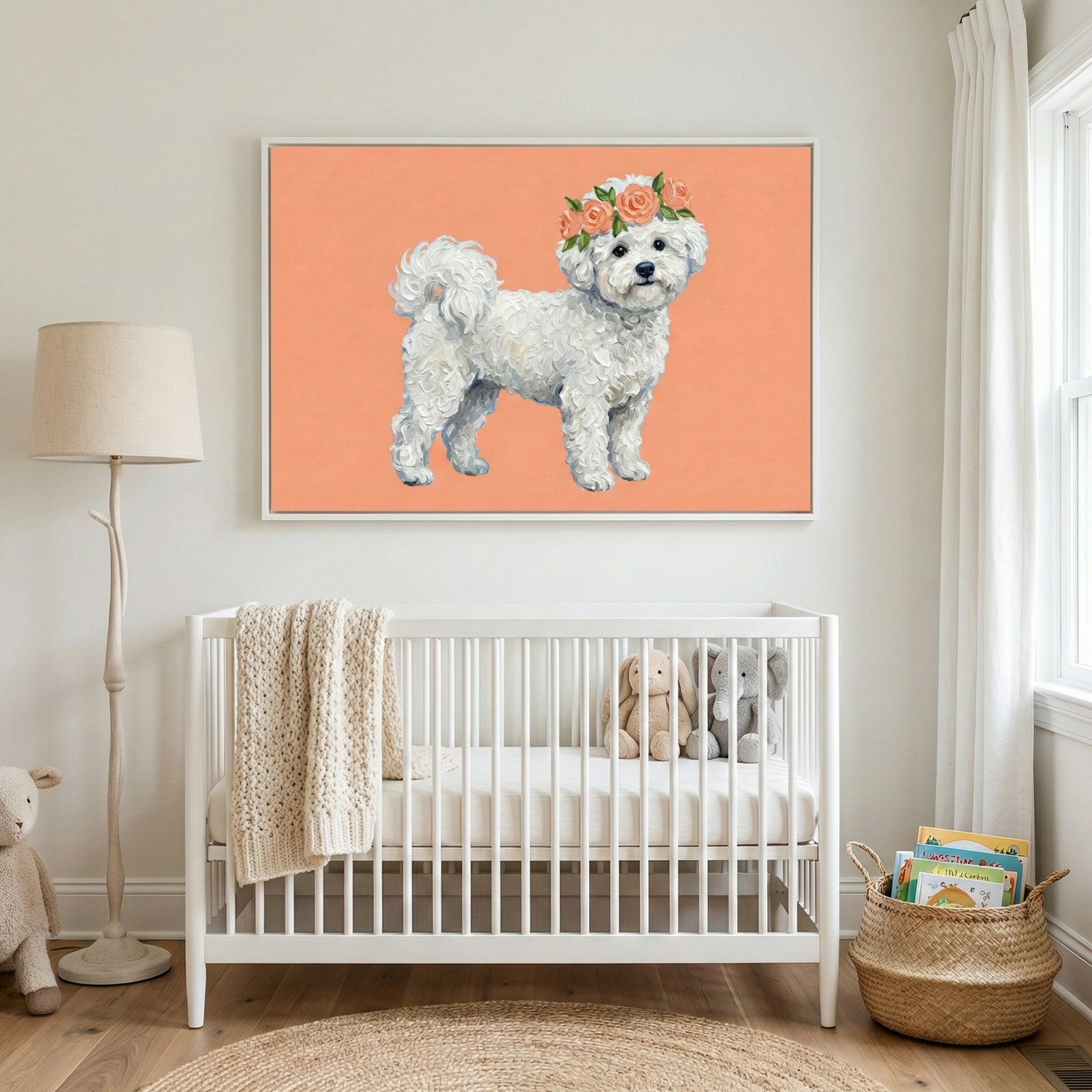 A heartwarming painting of a white dog with a rose flower crown brings charm and whimsy to a light-filled nursery. The soft peach tones pair beautifully with white furniture and cozy textures, creating a serene and adorable space.