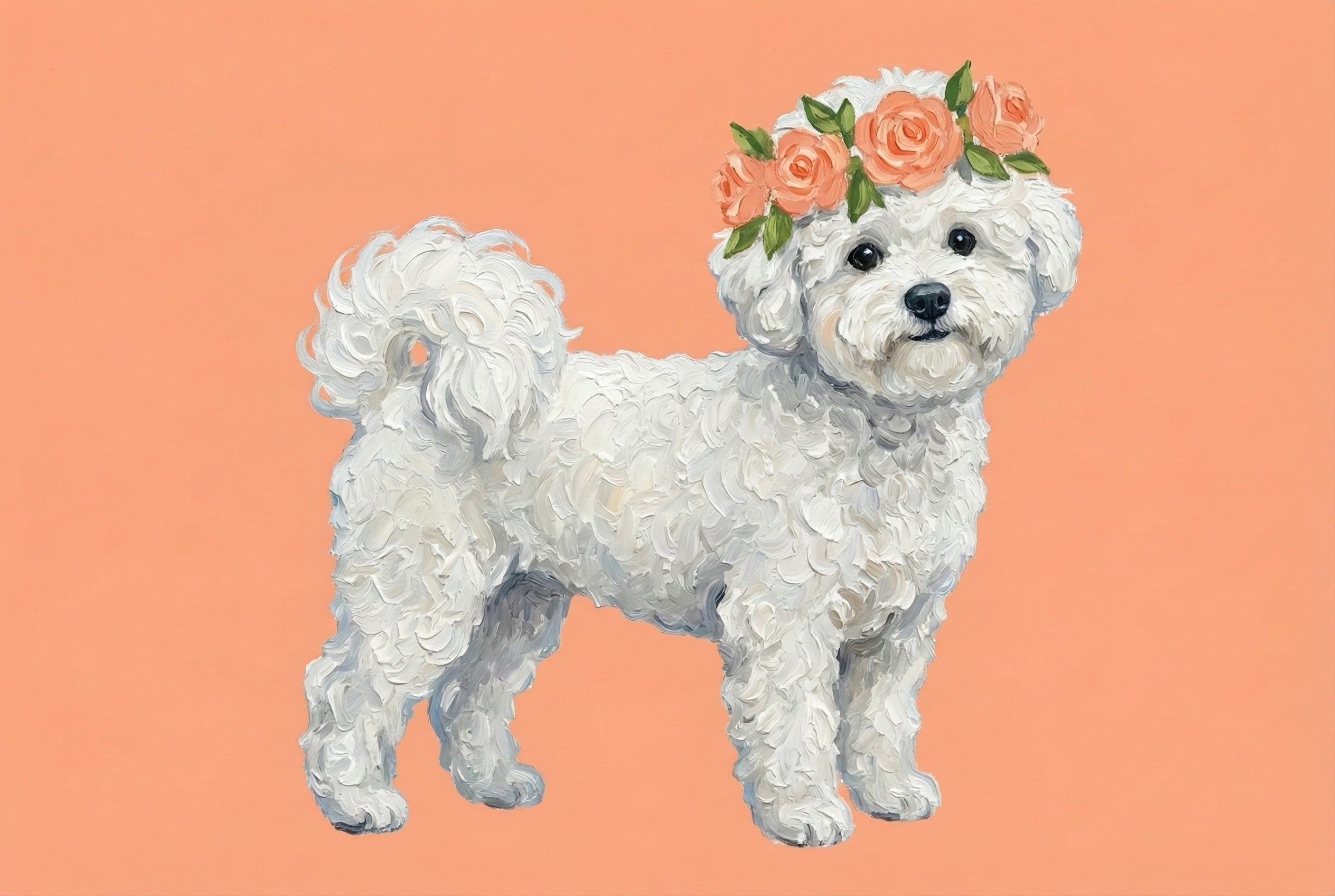 Oil painting of a fluffy white dog wearing a peach-colored rose flower crown. The dog stands against a soft peach background, creating a sweet and serene portrait with a gentle, boho vibe.