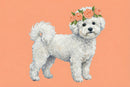 Oil painting of a fluffy white dog wearing a peach-colored rose flower crown. The dog stands against a soft peach background, creating a sweet and serene portrait with a gentle, boho vibe.