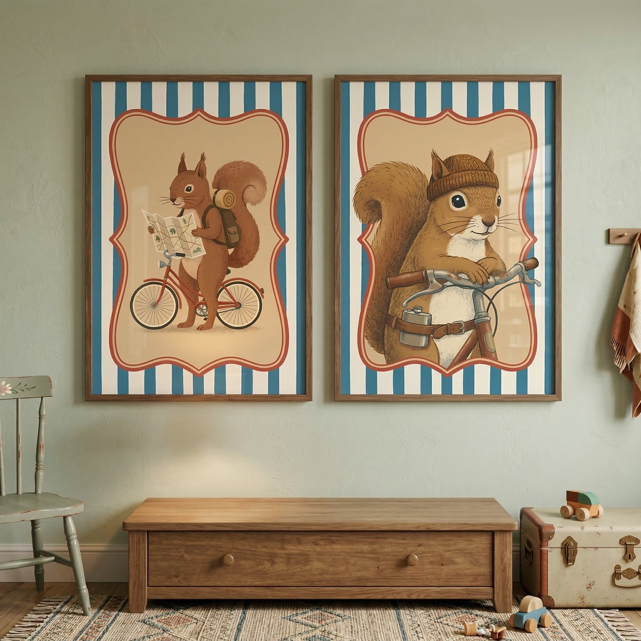 Cycling Squirrel Adventure Wall Art Set of 2 - Woodland Bicycle Trip