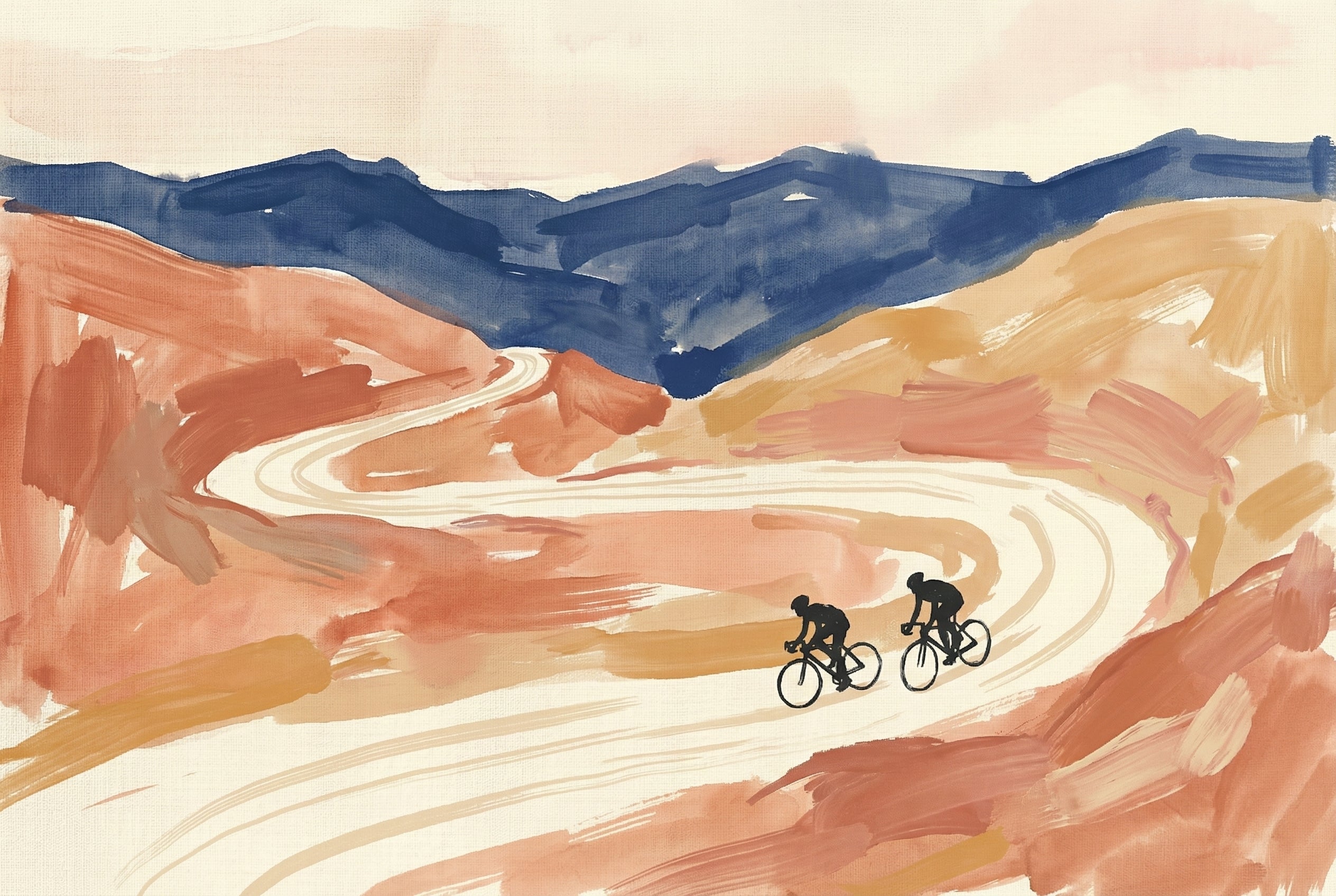 Two cyclists ride uphill along a winding path through a dramatic desert mountain landscape, with warm earth tones and deep blue mountains in the distance.
